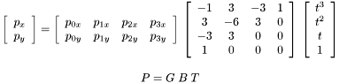 \[ \begin{array}{c} \left[\begin{array}{c} p_x \\ p_y \end{array}\right] = \left[\begin{array}{cccc} p_{0x} & p_{1x} & p_{2x} & p_{3x} \\ p_{0y} & p_{1y} & p_{2y} & p_{3y} \end{array}\right] \: \left[\begin{array}{cccc} -1 & 3 & -3 & 1 \\ 3 & -6 & 3 & 0 \\ -3 & 3 & 0 & 0 \\ 1 & 0 & 0 & 0 \end{array}\right] \: \left[\begin{array}{c} t^3 \\ t^2 \\ t \\ 1 \end{array}\right] \\ \\ P=G\; B\; T \end{array} \]